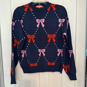 THML Women's Navy Sweater with Pink and Red Bow Design